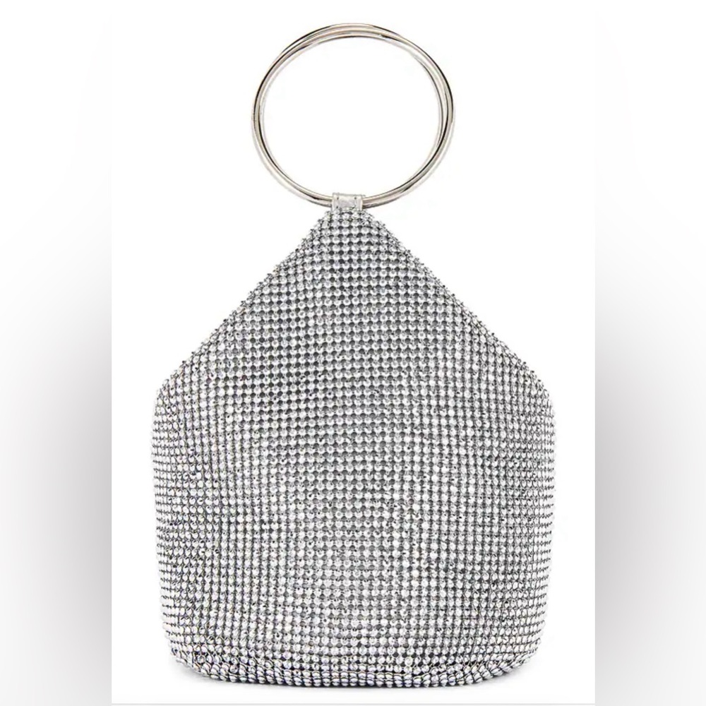 Olga Berg Ellie Crystal Mesh Ring Handle Bag in Silver